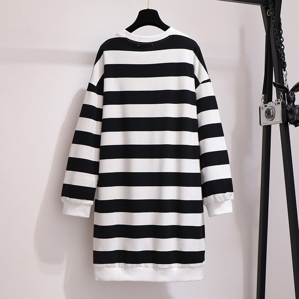 特肥条纹秋衣宽松中长卫衣加大长袖外套秋冬卫衣