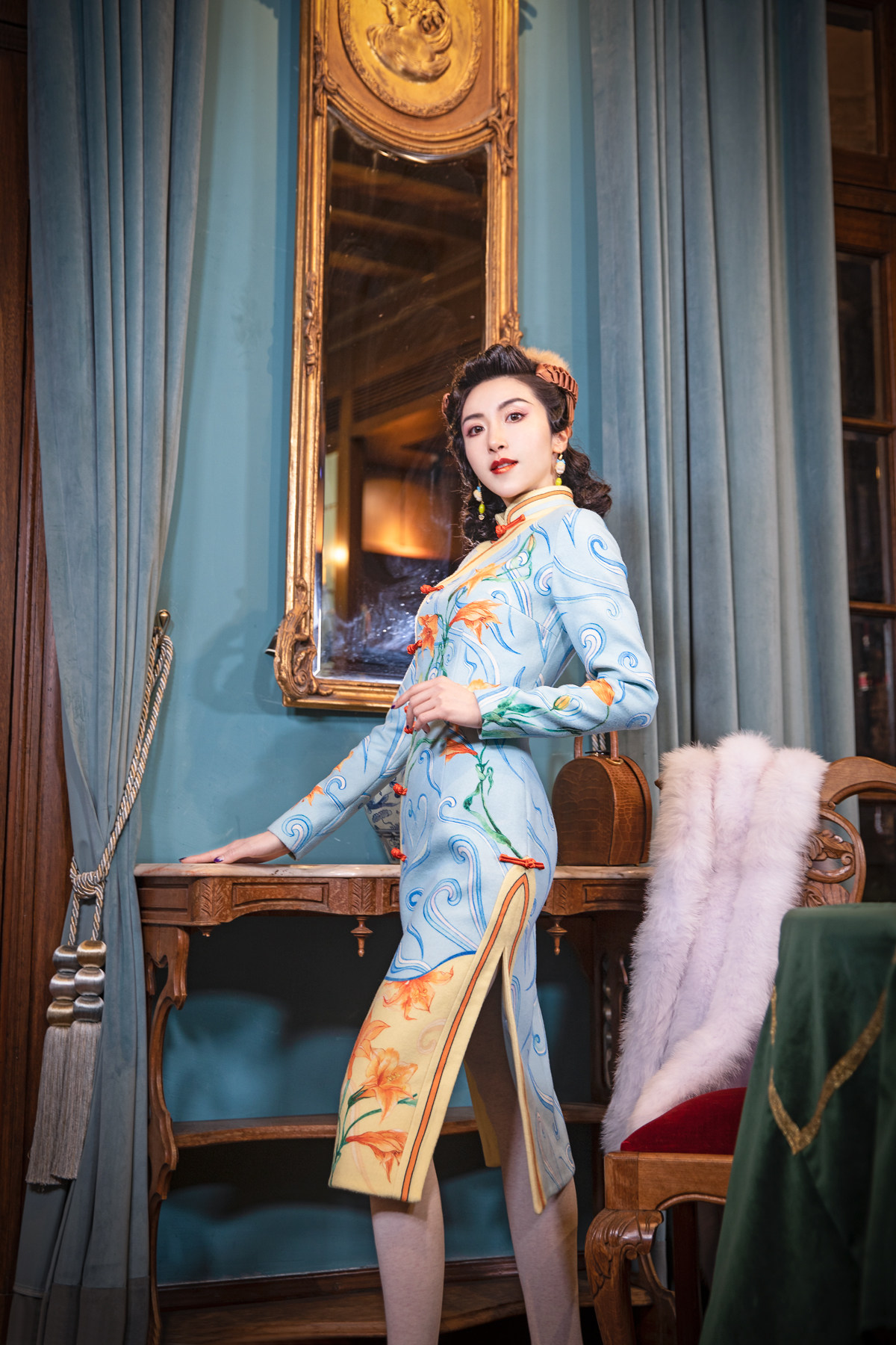 magicq独家原创设计金陵往事羊毛呢橙色百合印花偏襟旗袍连衣裙