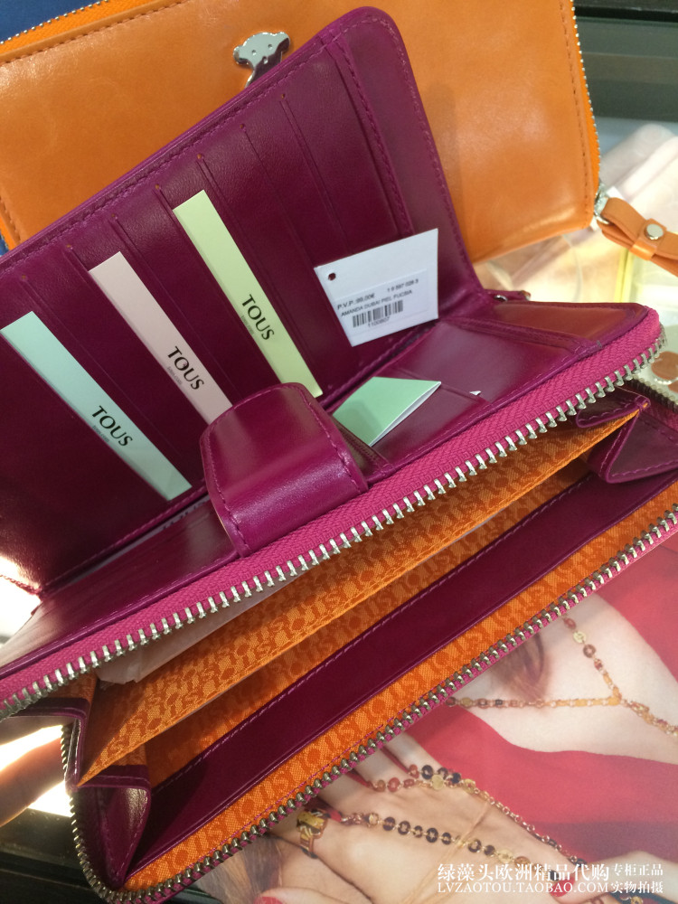 西班牙正品tous桃丝小熊女生紫红色长款手拿牛皮钱包