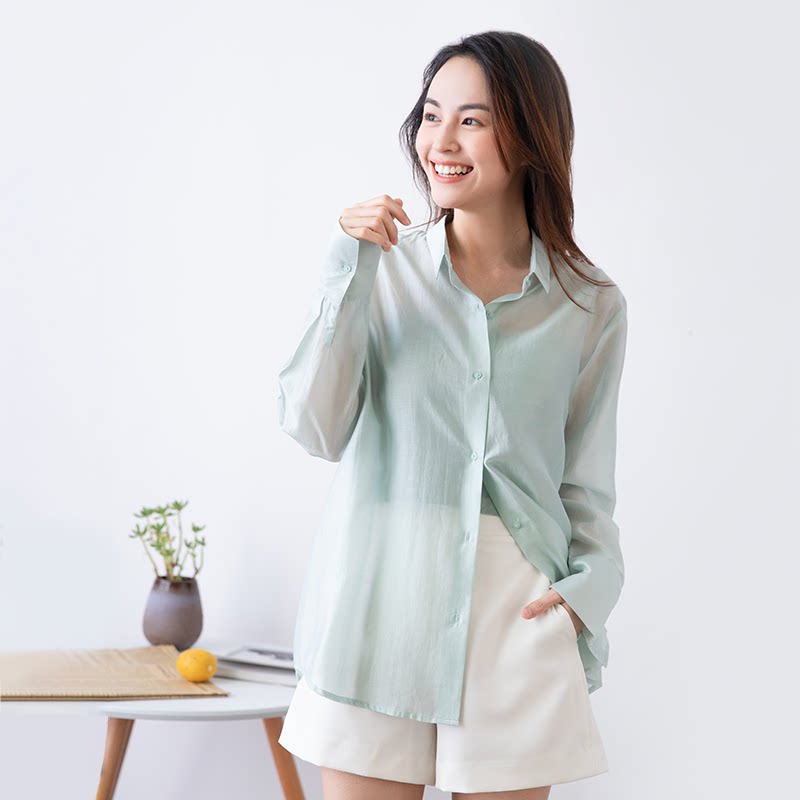 inandon德国轻奢女装天丝薄纱衬衫女宽松纯色简约ol长袖上衣女