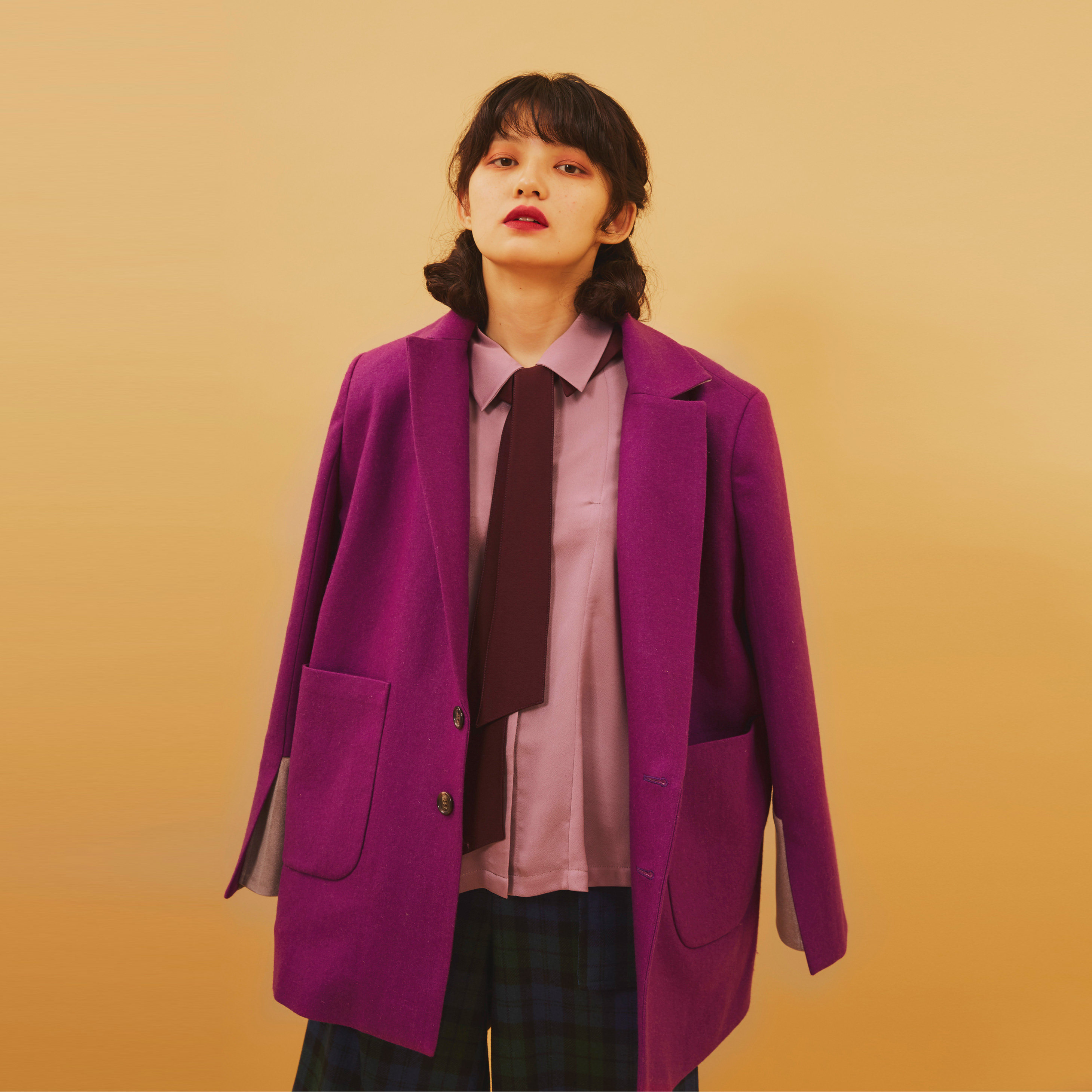 清仓告别mormula原创设计复古廓形羊毛毛呢紫红色西装