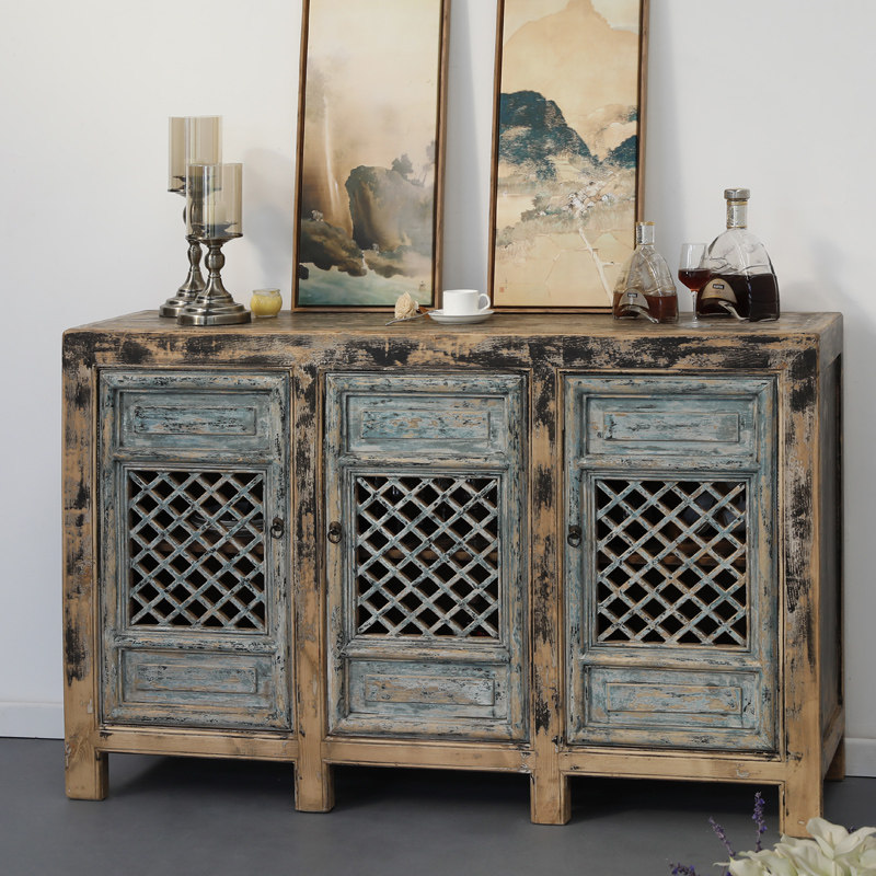 新中式镂空收纳三门玄关隔断柜子边柜做旧餐复古餐边柜