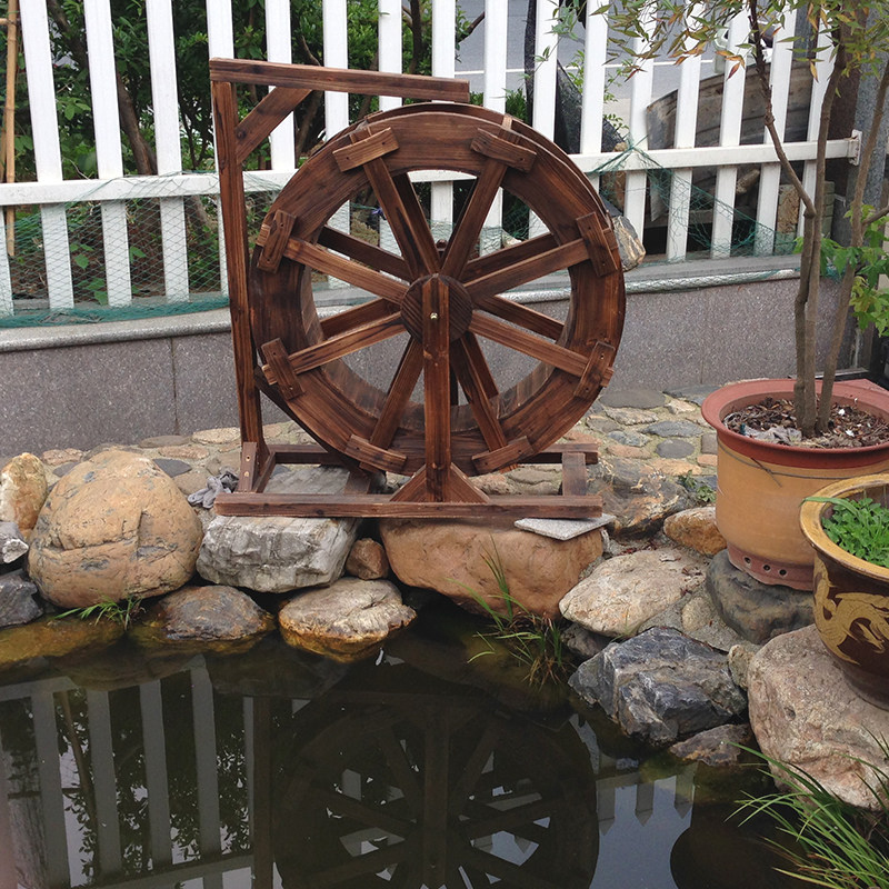 防腐木制假山鱼池大小型水车庭院流水生财风水轮转运轮木风车摆件