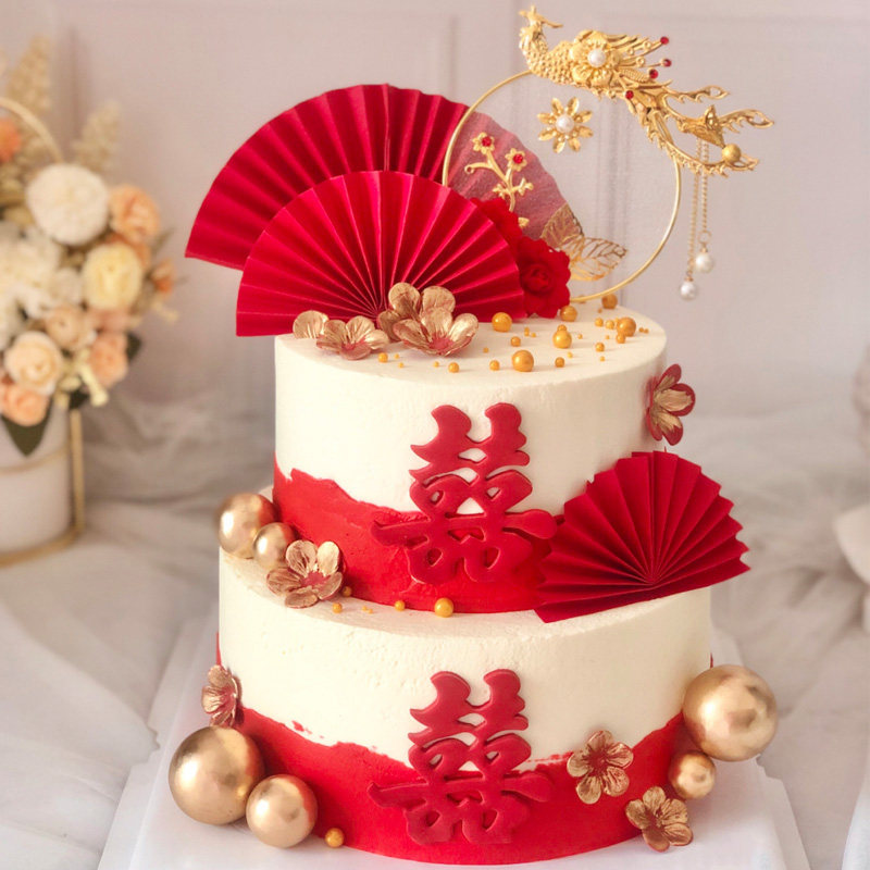 情人节结婚蛋糕摆件古装婚庆新郎新娘喜字中国节日装扮用品