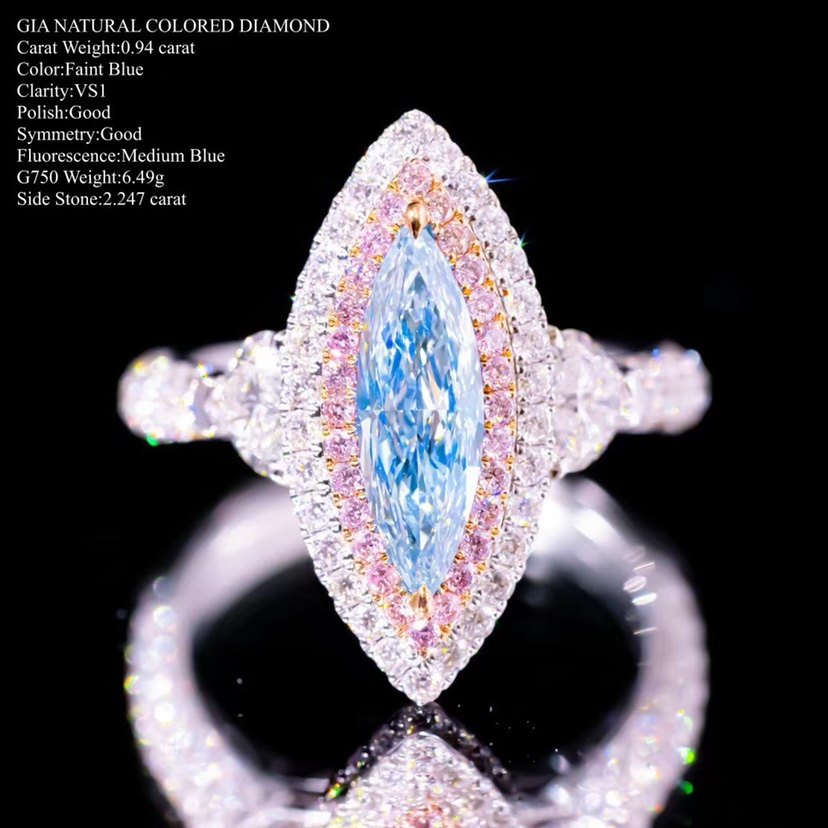 天然马眼型蓝钻戒指粉钻围镶搭配纯净之美手饰