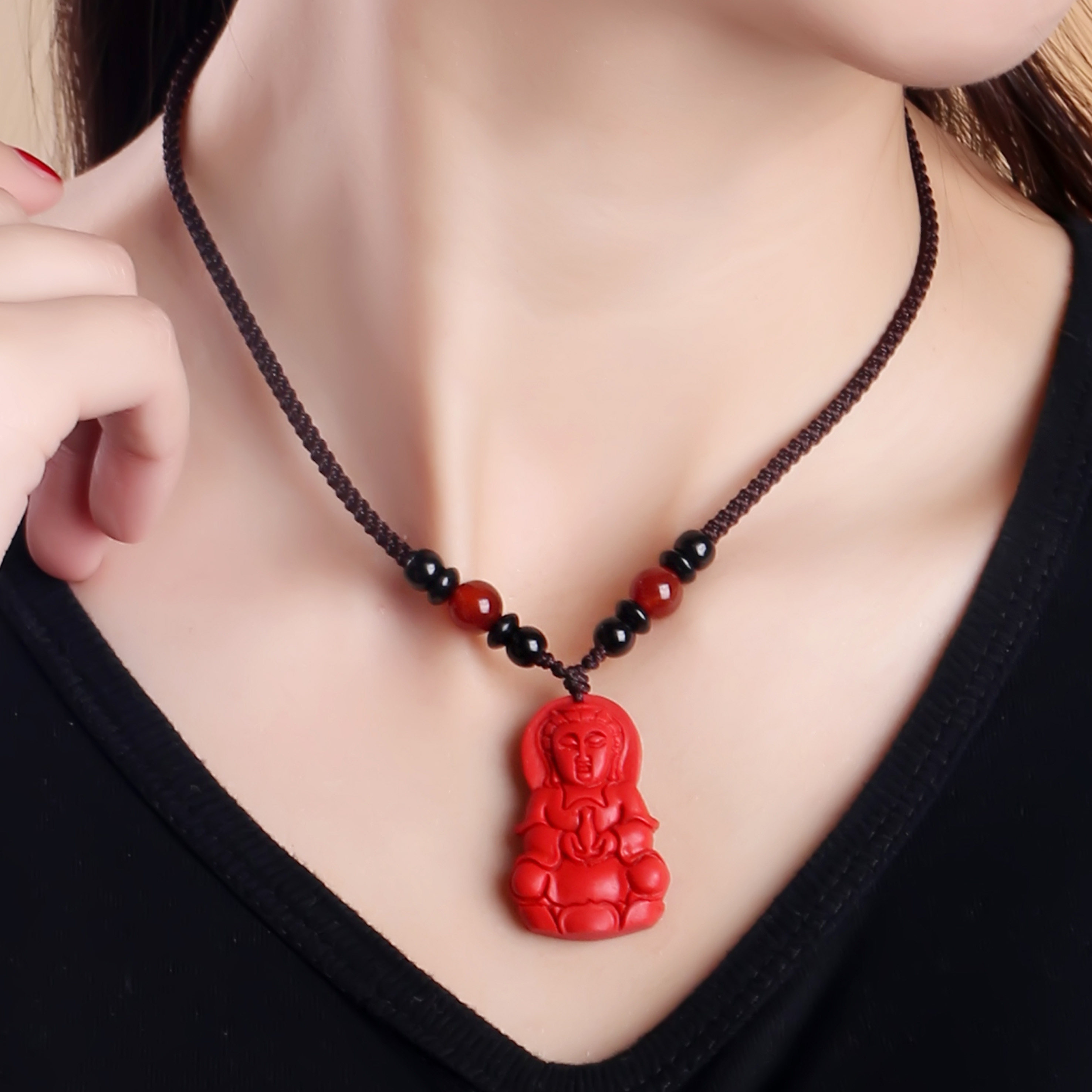 朱砂本命观音吊坠男女生肖守护神转运辟邪护身符项链