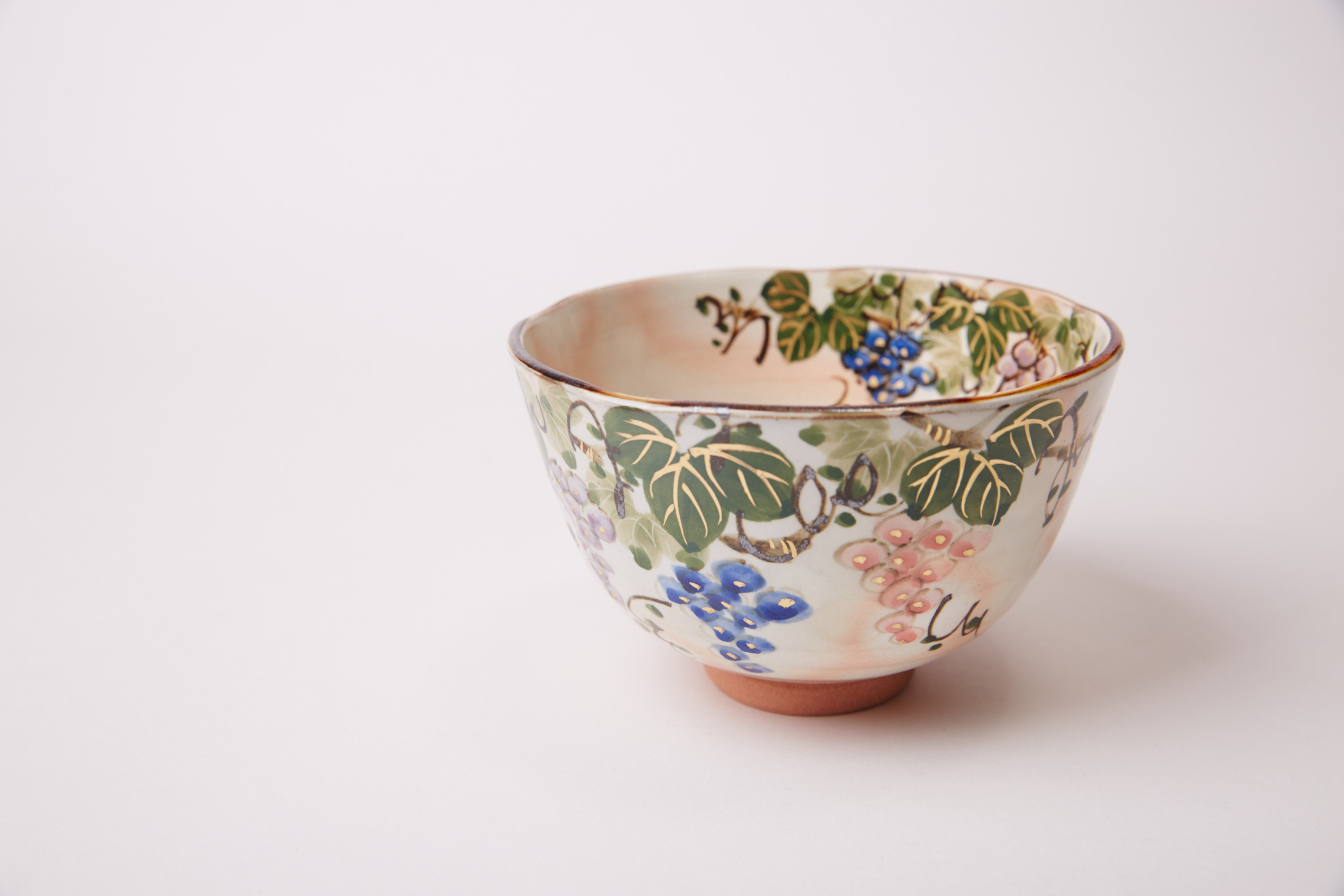 日本进口清水烧作家森俊山手作手绘葡萄图抹茶道