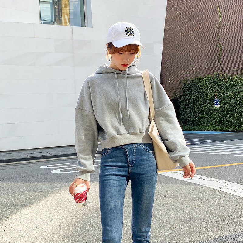 加绒2021韩版新款秋冬内搭时尚白色连帽宽松高腰短款卫衣女潮ins