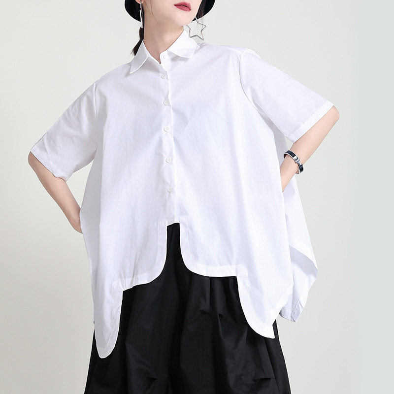 衬衫女夏短袖2021新款2126设计不规则圆弧超宽衬衫