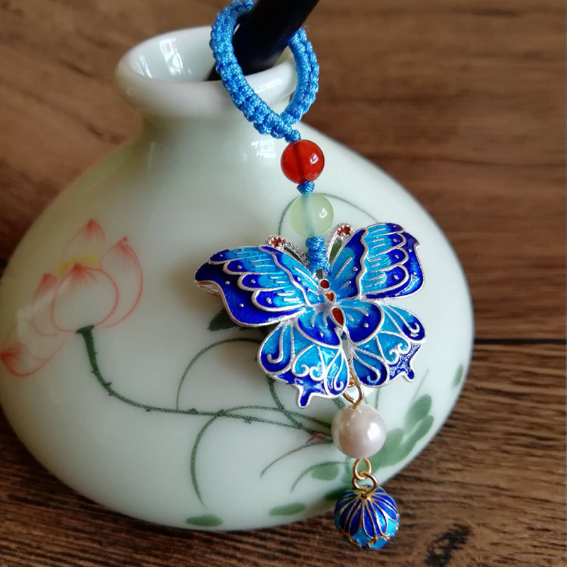 旗袍压襟挂件押襟古风景泰景泰蓝蓝蝴蝶胸针茶服其它首饰