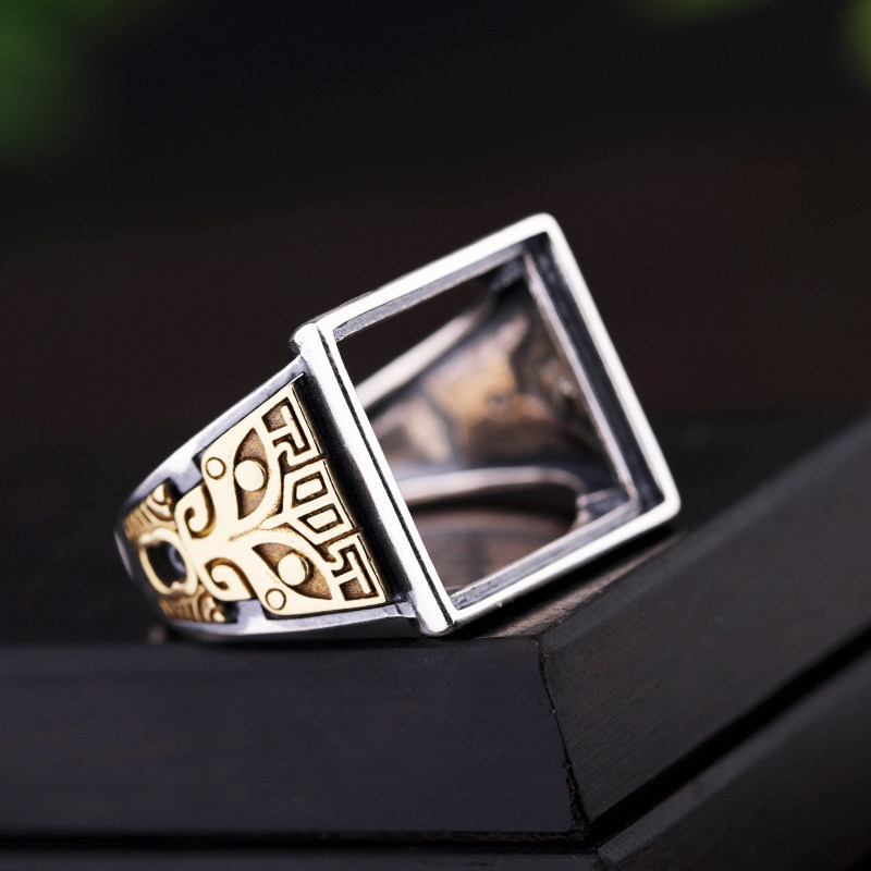 戒托s925纯银戒指空托男镶嵌绿松松石蜜蜡开口戒指