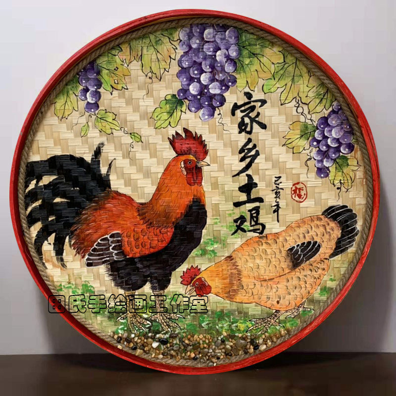 手绘绘画竹编簸箕装饰画复古怀旧墙壁挂饰民宿壁饰