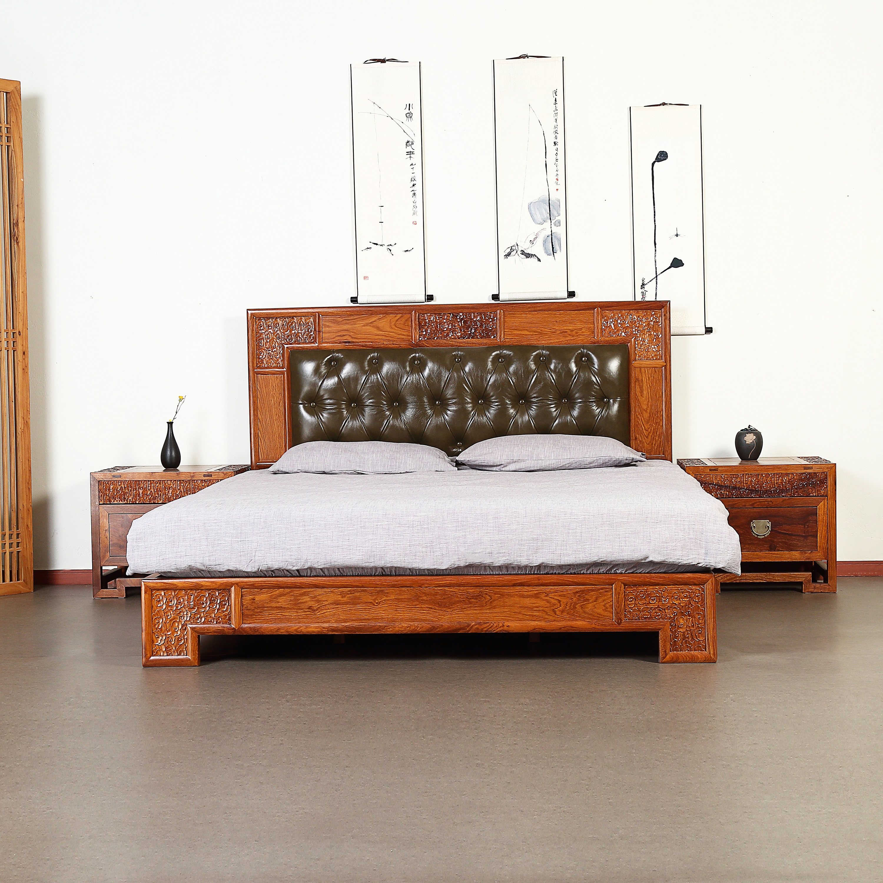 火爆红木家具床头柜双人床中式刺猬新中式大床红木苏梨实木床