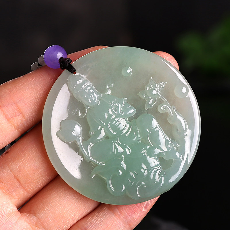 翡翠祥祯陈允嘉雕刻普贤菩萨冰糯种飘绿吊坠挂件颈饰