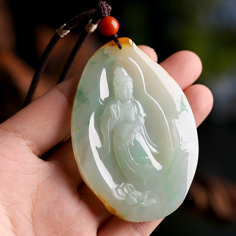 观音祥祯莲花天然翡翠吊坠冰糯挂件玉雕大师徐炼求颈饰