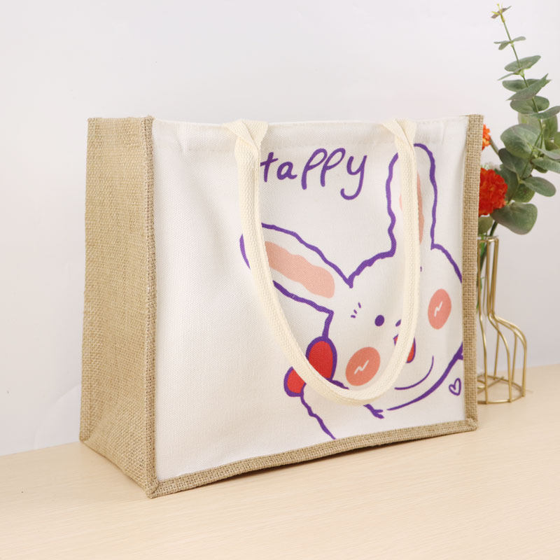 可爱兔子帆布包少女时尚印花单肩拉链收纳包饭盒袋学生手提麻布袋