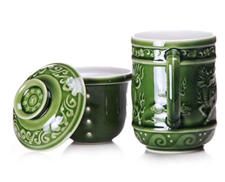 乾唐轩活瓷麒麟献瑞茶杯陶瓷中式茶漏有盖个性随手杯