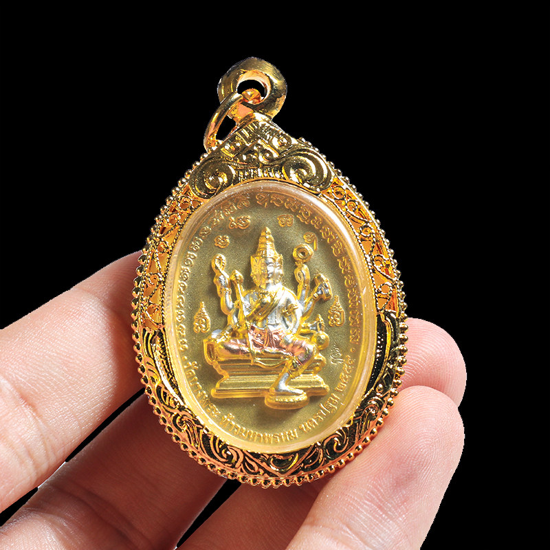 泰国佛牌龙婆本龙婆三安2559年四面佛象牌二合一铜制鎏金壳吊坠