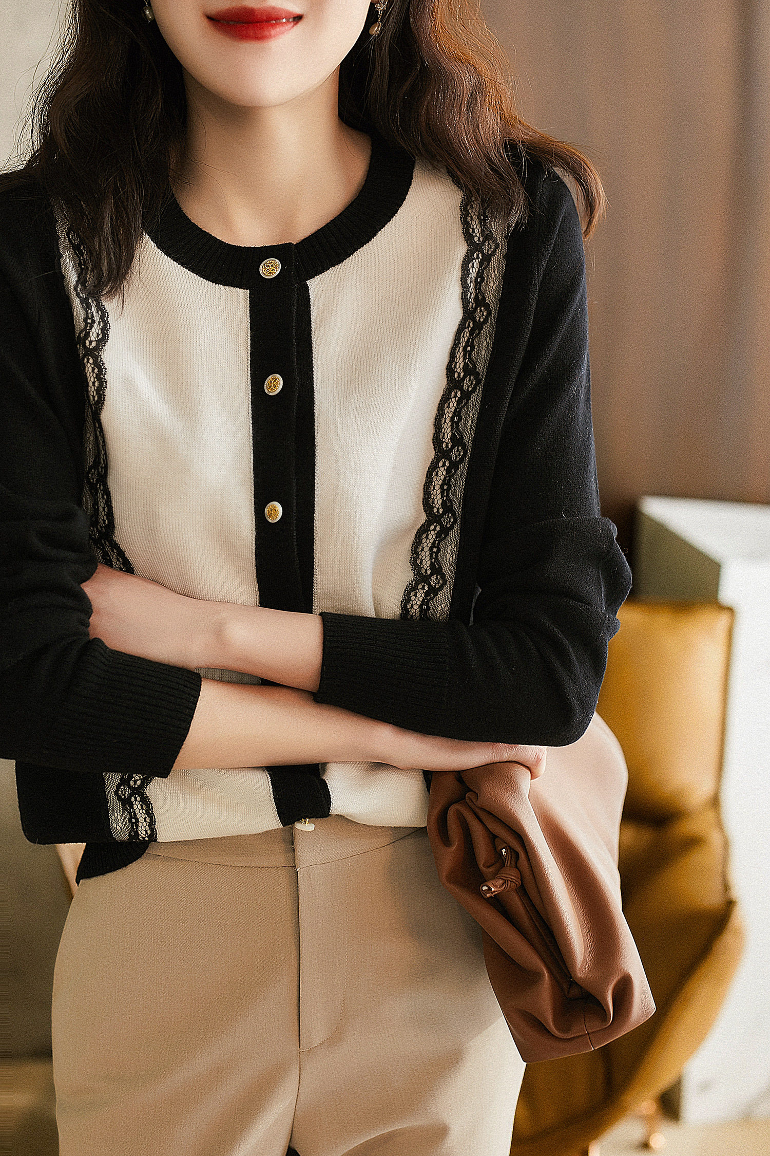 小香风圆领拼色羊绒针织开衫女秋冬薄款蕾丝毛衣毛针织衫