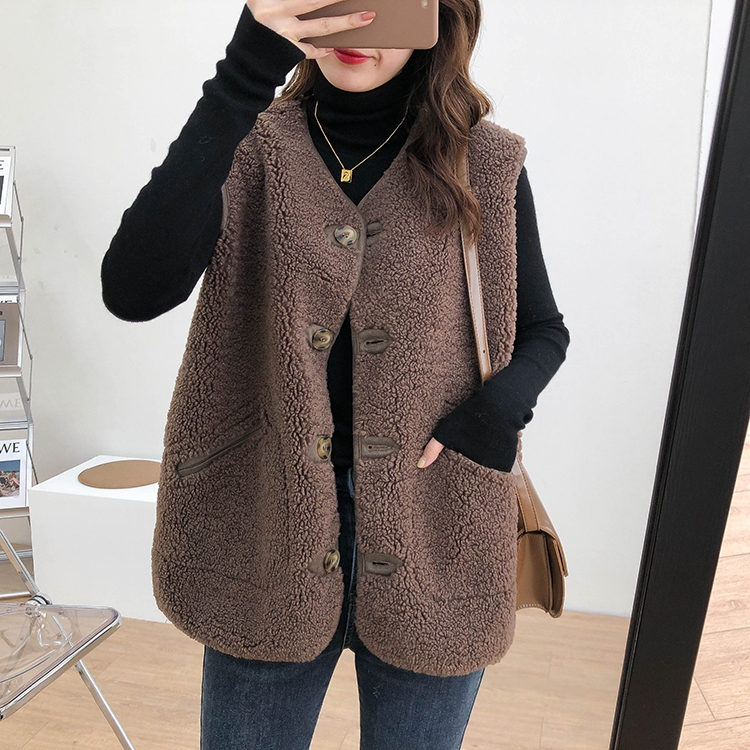 日系新款秋冬韩版加厚皮毛一体马甲女宽松显瘦羊羔毛背心马夹外套