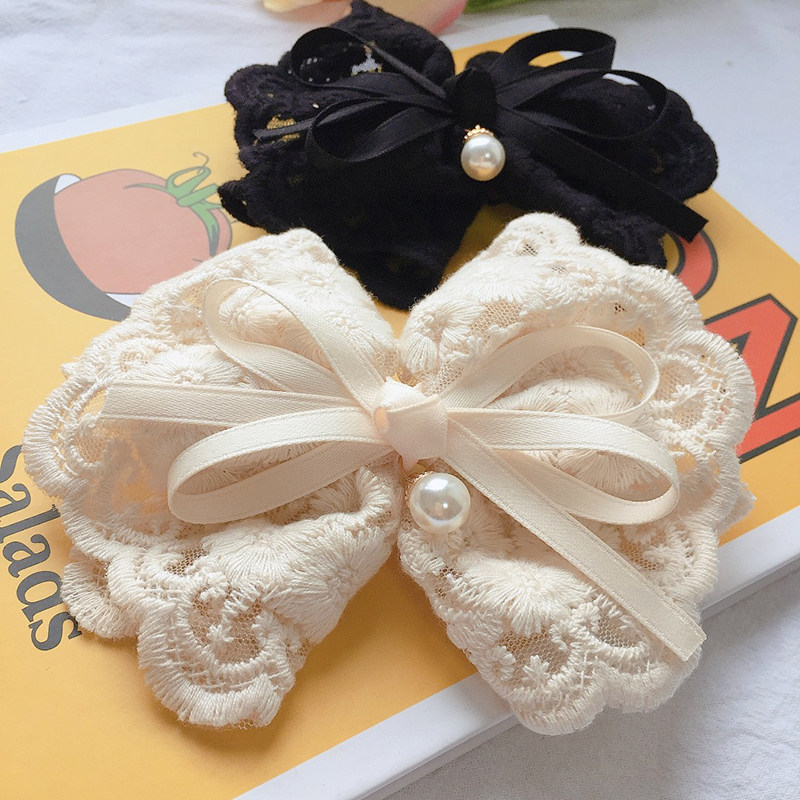 网红仙女白色蕾丝蝴蝶结发夹后脑勺黑色弹簧夹超大发卡lolita头饰