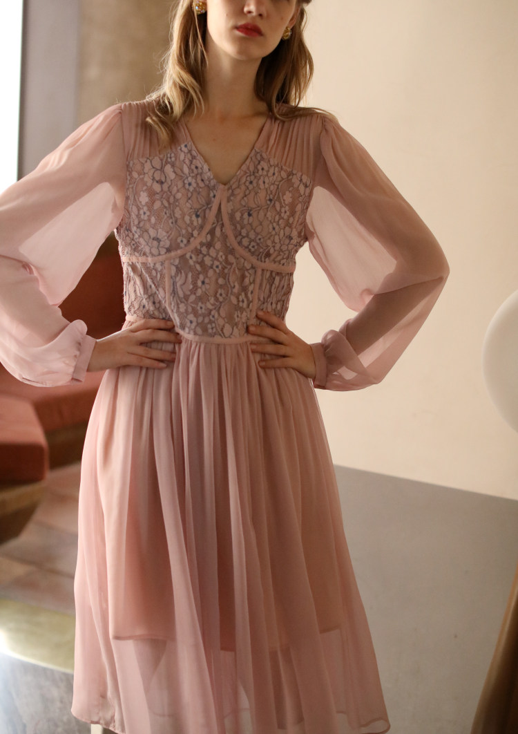 raynag芮纳灰樱浪漫蕾丝轻纱薄羽连衣裙褶皱多层连衣裙