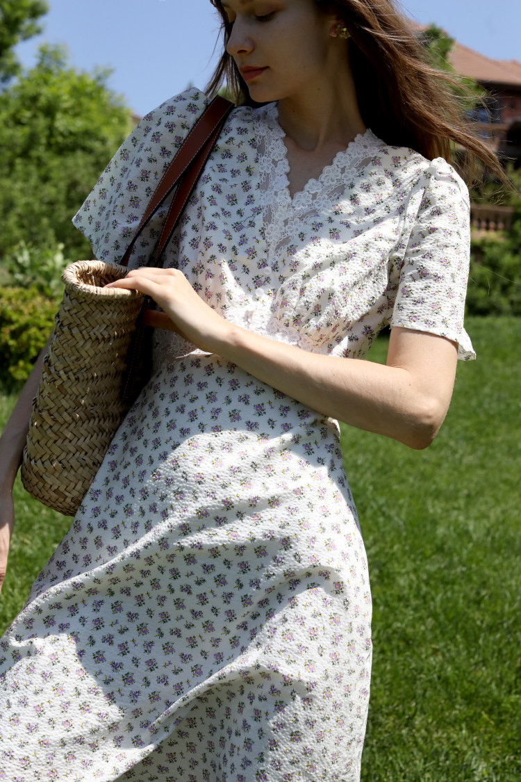 rayna芮纳蕾丝镂空盐缩印花连衣裙2106113连衣裙