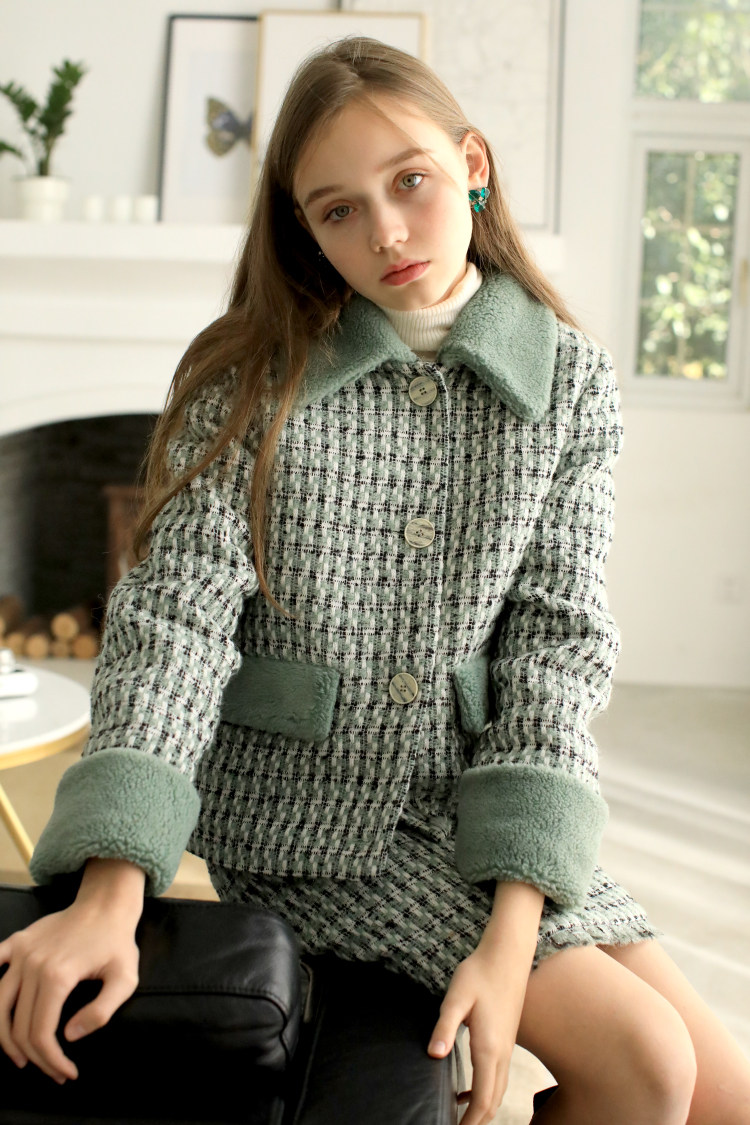 raynag芮纳1449限量小香风绿色外套羊毛毛呢背带棉衣