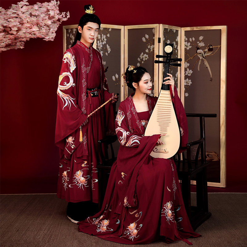 结婚服汉敬酒唐制凤冠霞帔新娘新郎红色古风嫁衣汉服