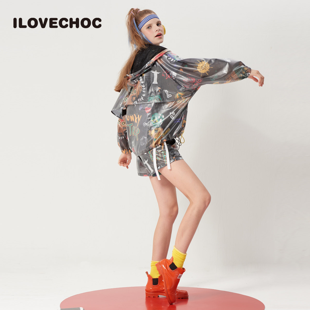 ilovechoc我爱巧克力春夏新品潮流女装连帽风衣运动休闲短外套
