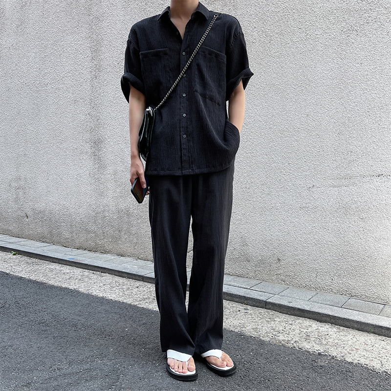 白口阳 修饰身材比例2022夏季新款纯色褶皱套装短袖开衫/休闲长裤