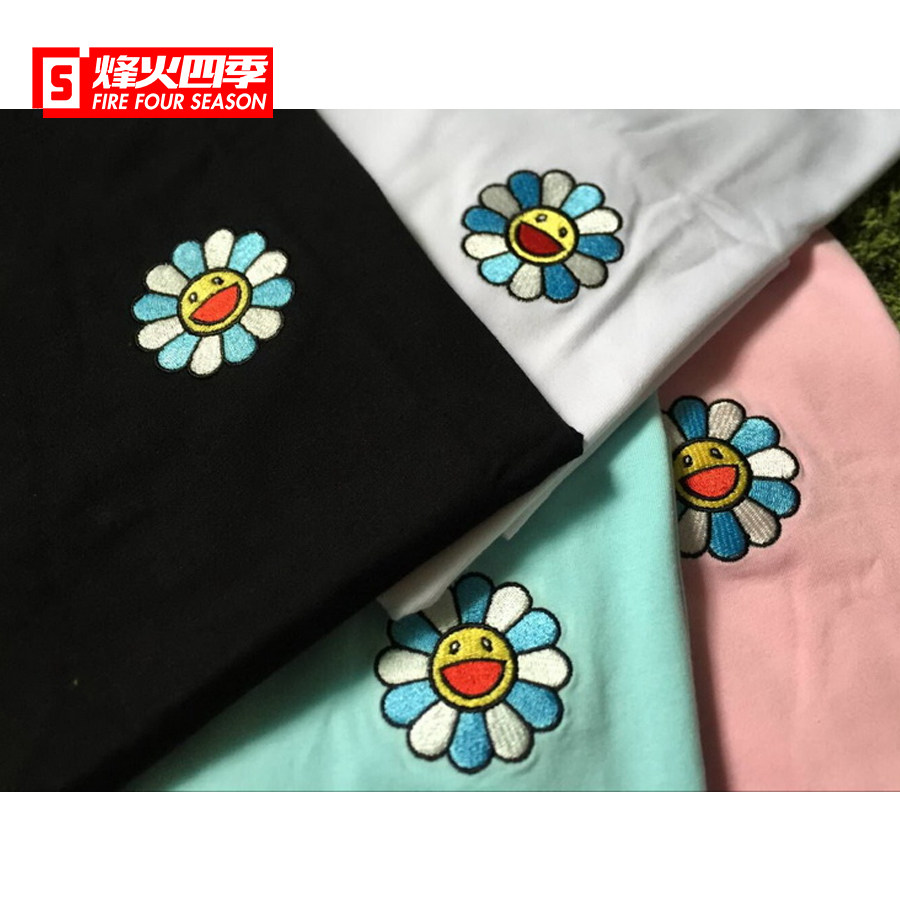 烽火四季trunks太阳花 村上隆刺绣纯色打底衫男女潮牌情侣短袖t恤