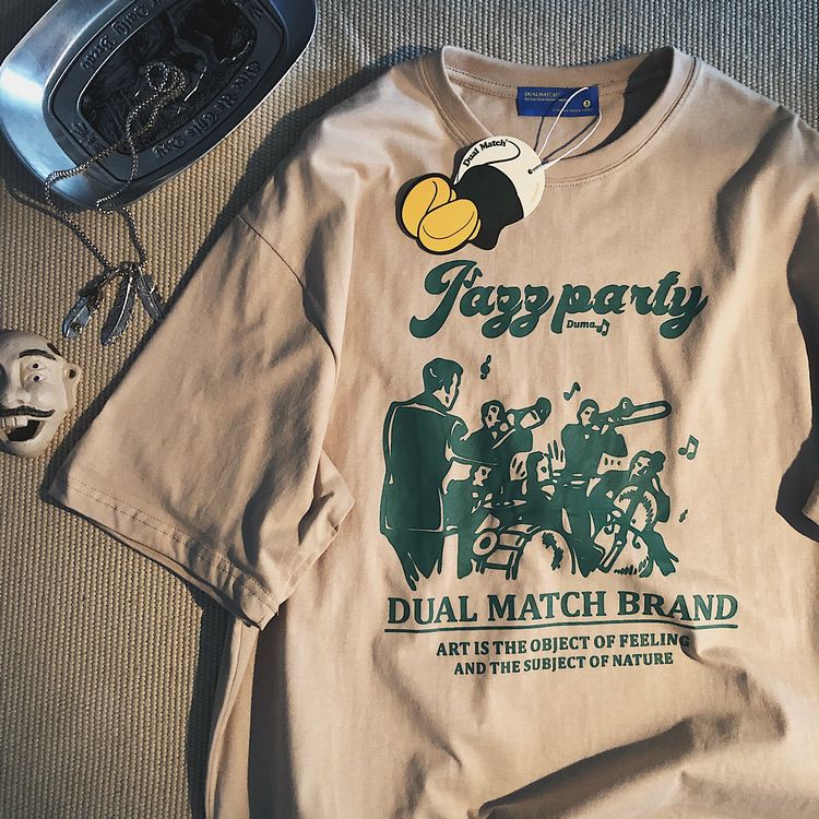 有点小贵 但是很美 质感复古美式音乐低像素印花短袖t恤男女日系