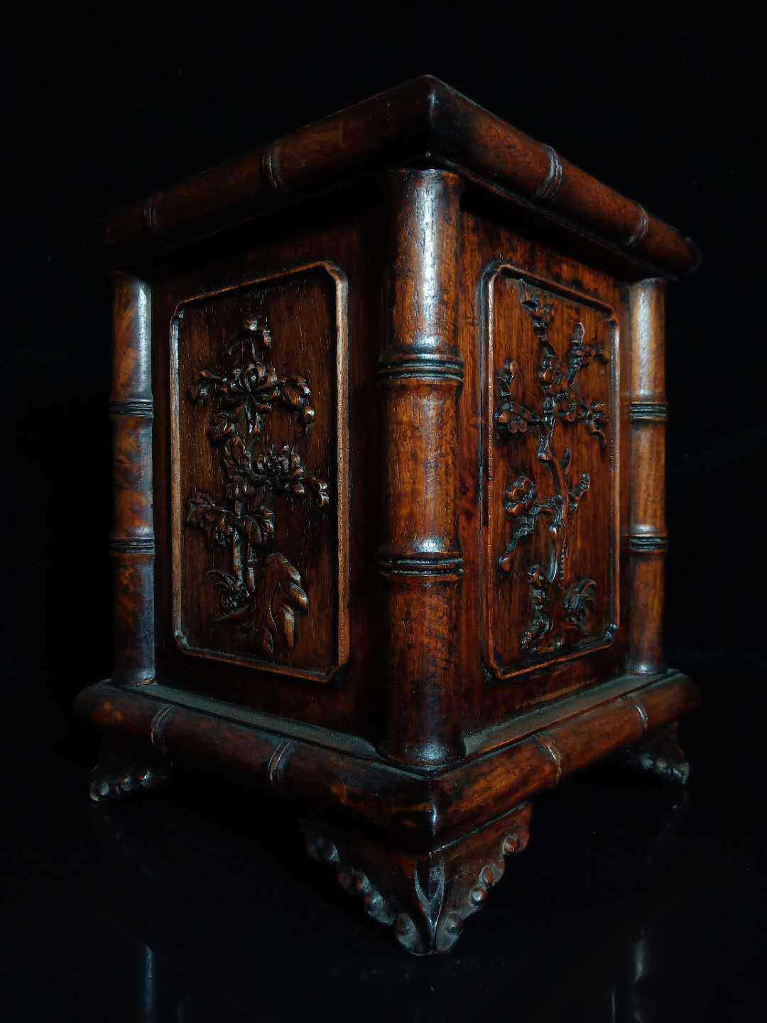 古董收藏木器黄花梨梅兰竹菊四方笔筒文房四宝办公桌摆件菩提