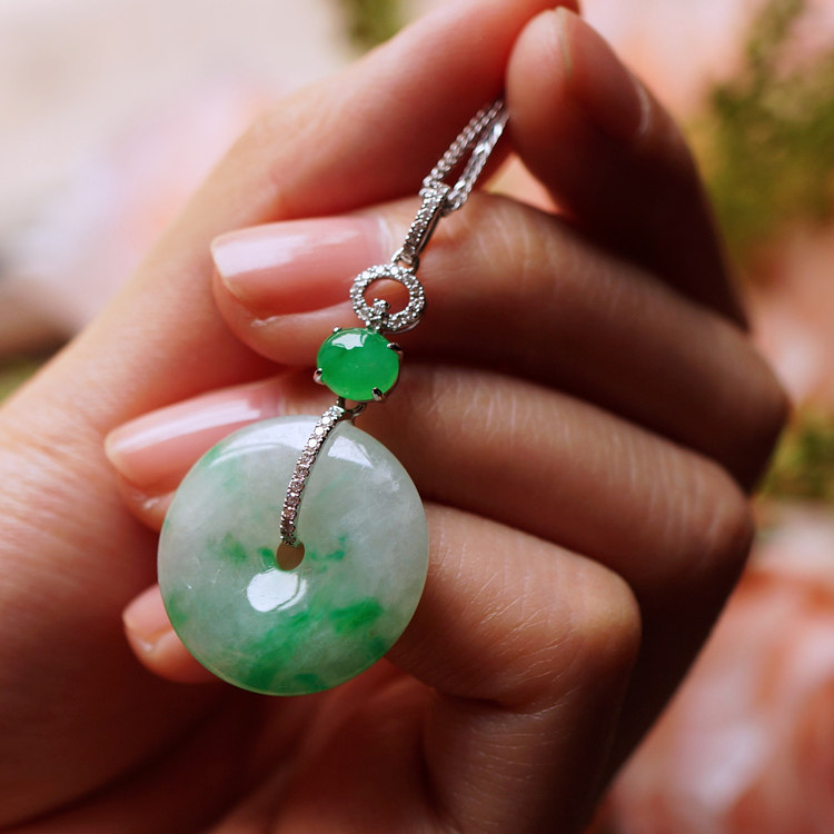 冰种飘阳绿a货翡翠平安扣女款18k金镶玉高端定制设计挂件正品吊坠
