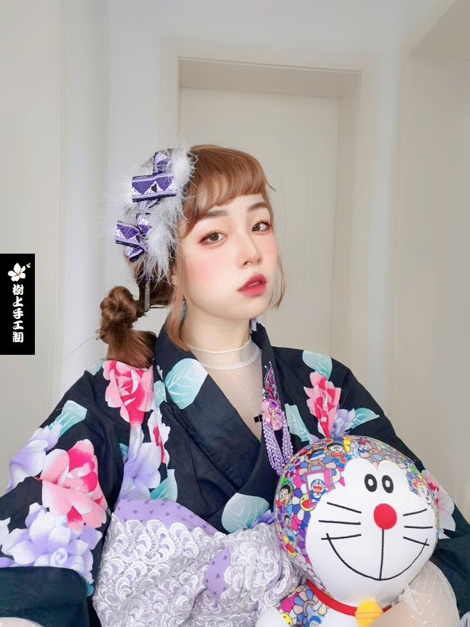 白色毛毛仙气头饰发夹和服少女古装可爱风紫发饰