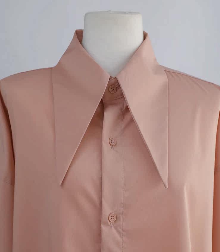 韩国正品代购现代艺术设计纯色大尖领超宽松中长衬衫