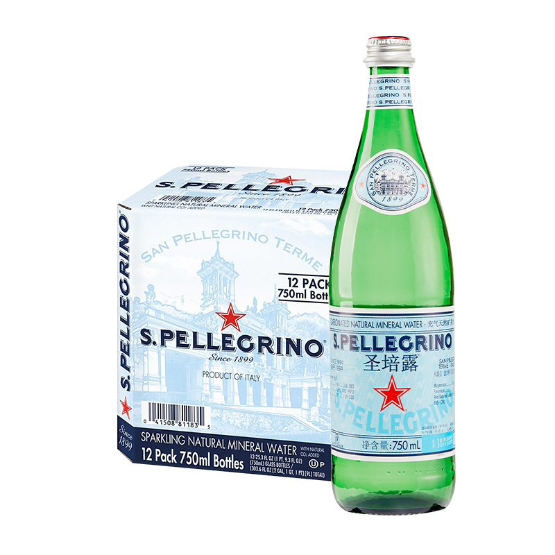意大利进口spellegrino圣培露充气矿泉水气泡水750ml12玻璃瓶
