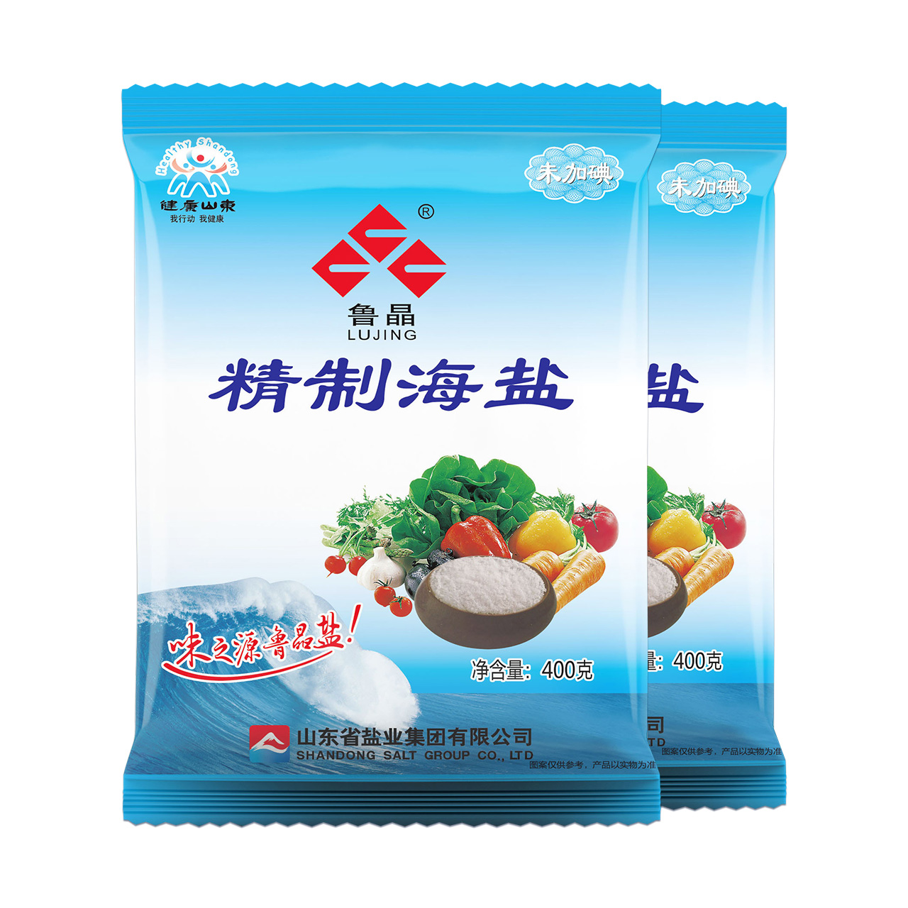 精制海盐鲁晶无碘400g2袋家用未加碘盐细盐食盐