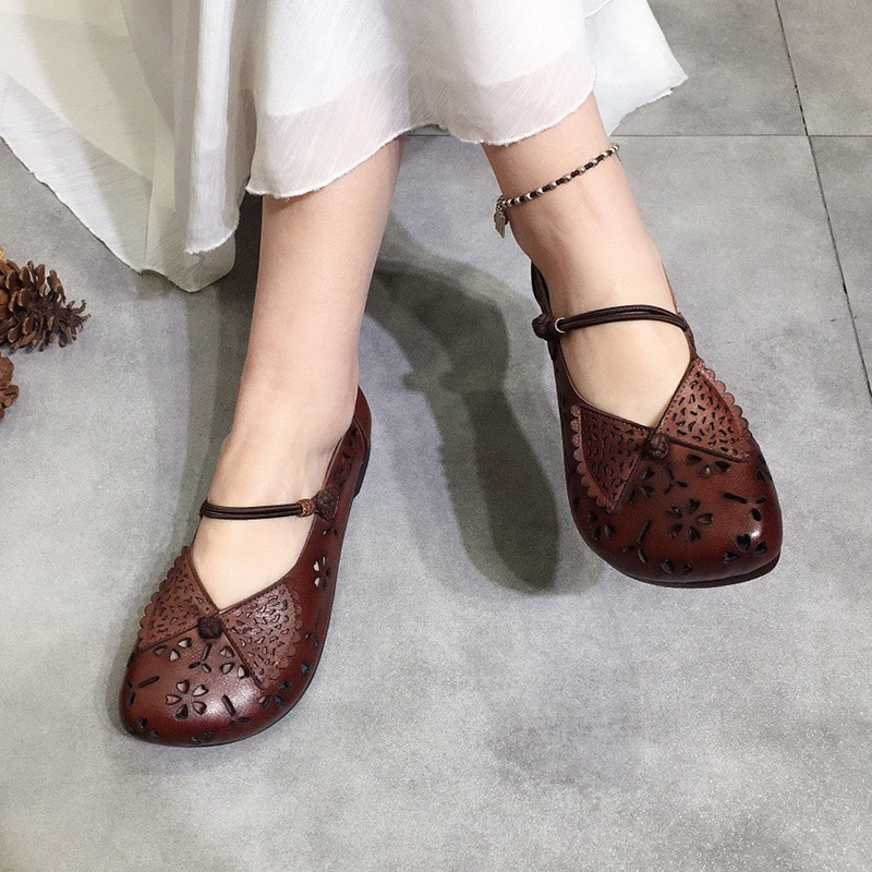 艺鞜原创真皮手工女鞋复古民族风一字镂空浅口时装凉鞋