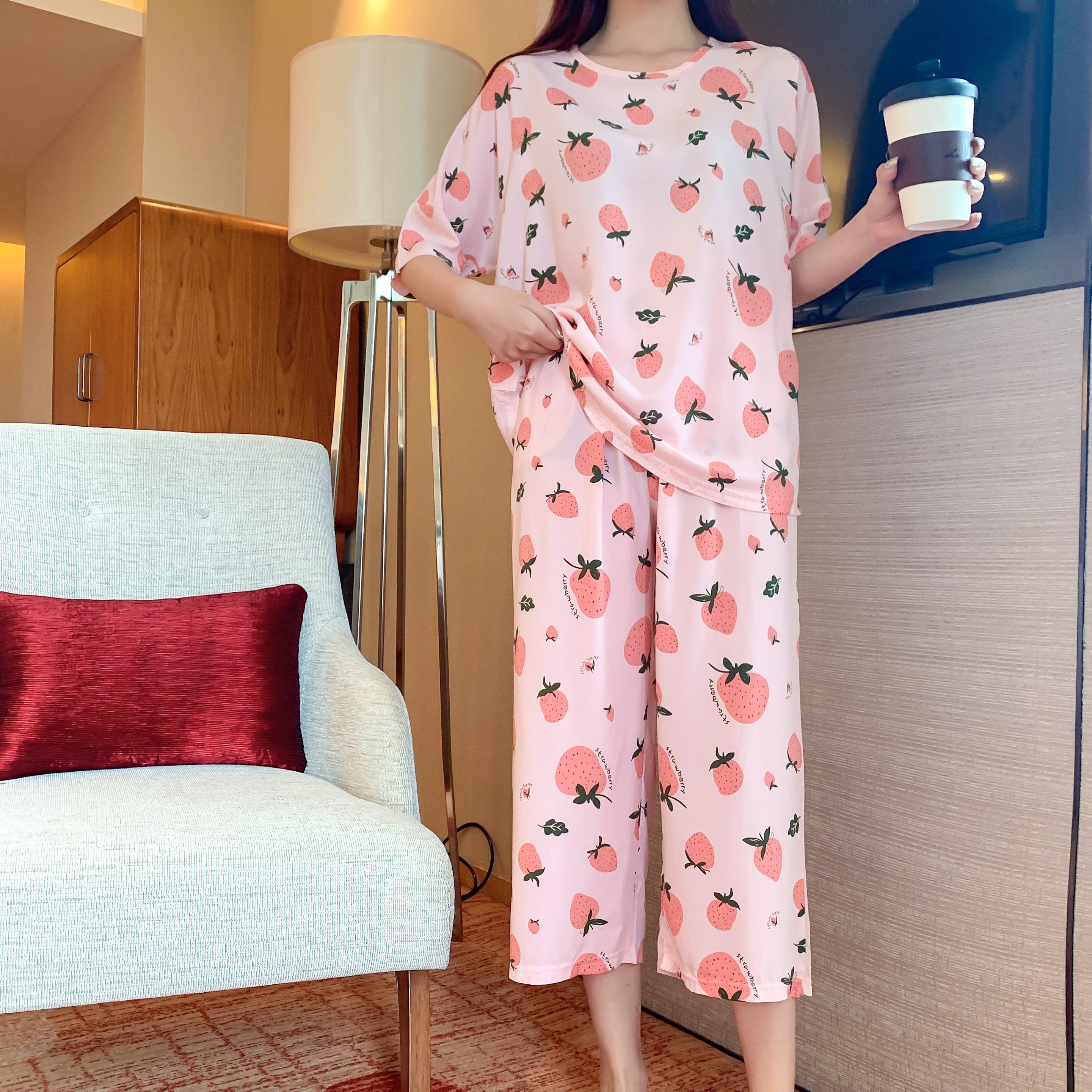 青年两件家居服人造棉清新七分纯棉短袖大码薄款睡衣