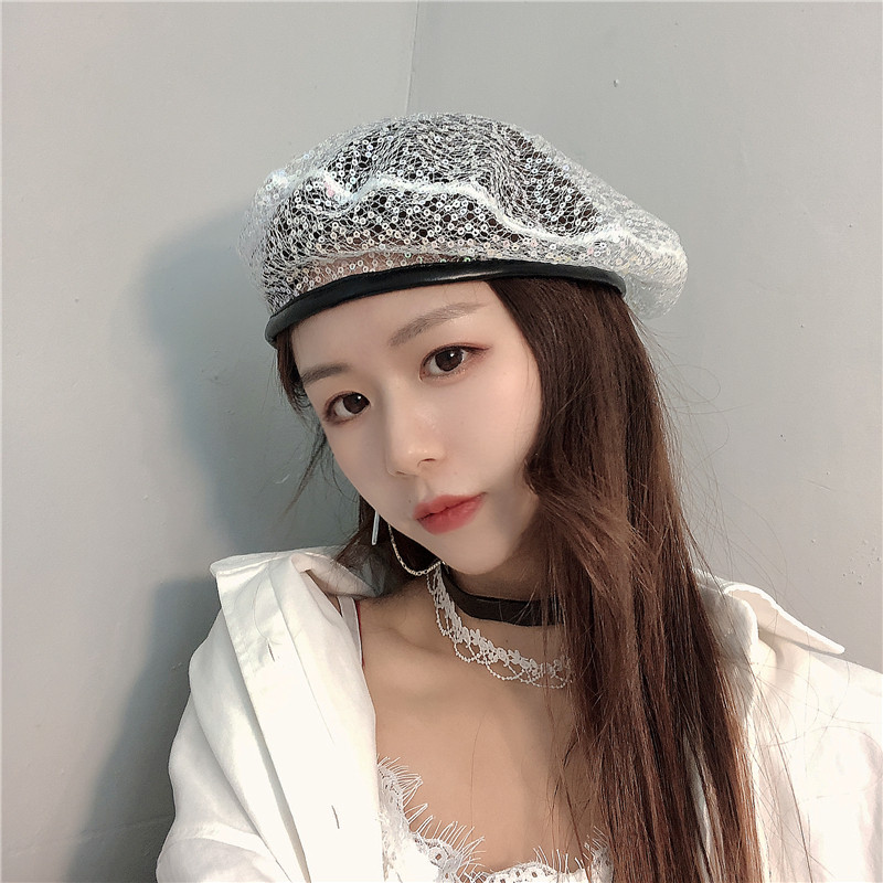 网纱贝雷帽夏季薄款透气英伦镂空亮片画家时尚帽子