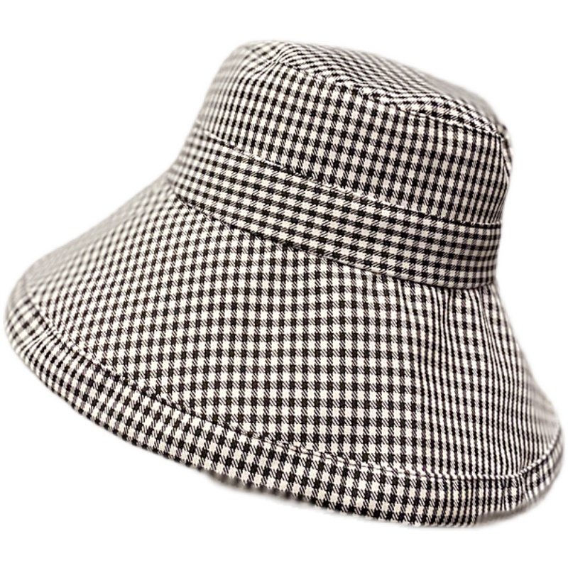 ins帽子子女韩国文艺百搭千鸟格渔夫帽夏天大帽子