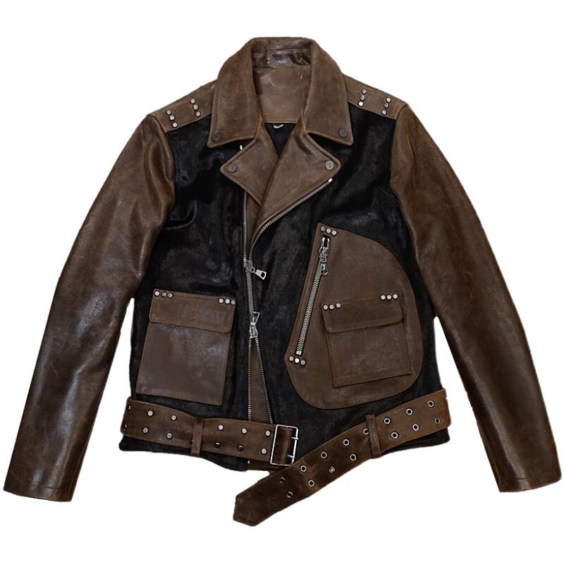 停产清货捡漏马毛拼美国磨砂复古牛皮斜拉腰带皮衣