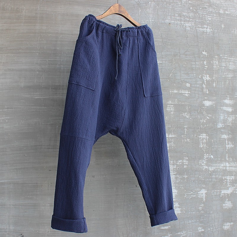 春夏青春时尚流行亚麻立体裁剪大裆裤垮裤低休闲裤