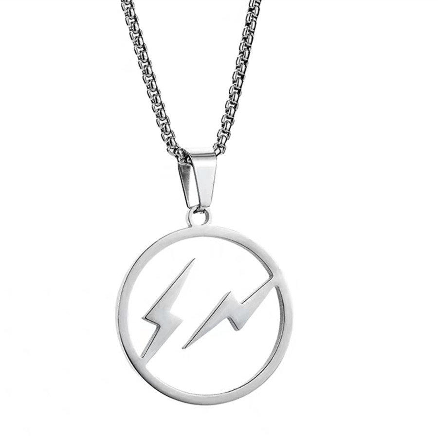 潮牌藤原镂空圆双闪电项链男女时尚个性钛钢项链