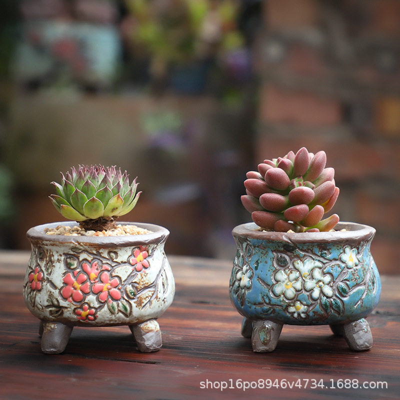 西山厂家直销多肉花盆紫砂陶瓷延熹手绘小老桩花盆