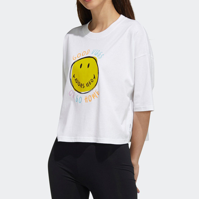 阿迪达斯笑脸短袖女装2022夏季新款休闲宽松短款运动t恤