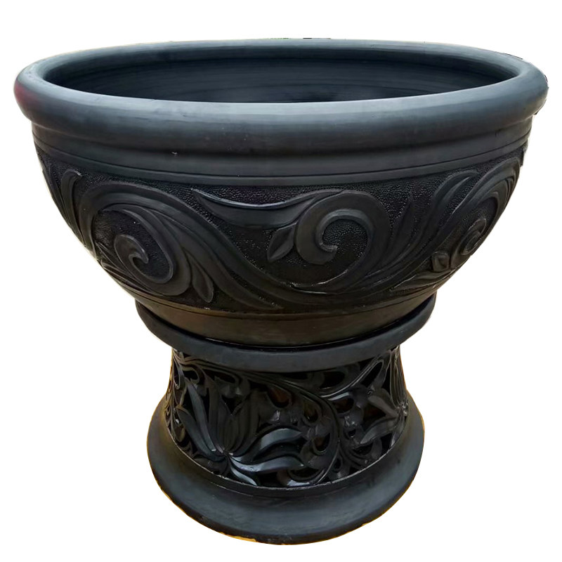 缸瓦澄浆黑陶祥云鱼盆80cm精品手工雕刻金鱼鱼缸