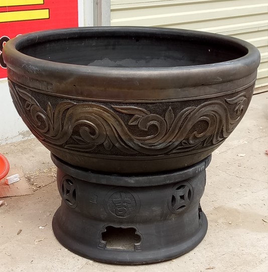 鱼盆金鱼80cm黑陶祥云盆纯手工雕刻高端瓦盆桌面缸